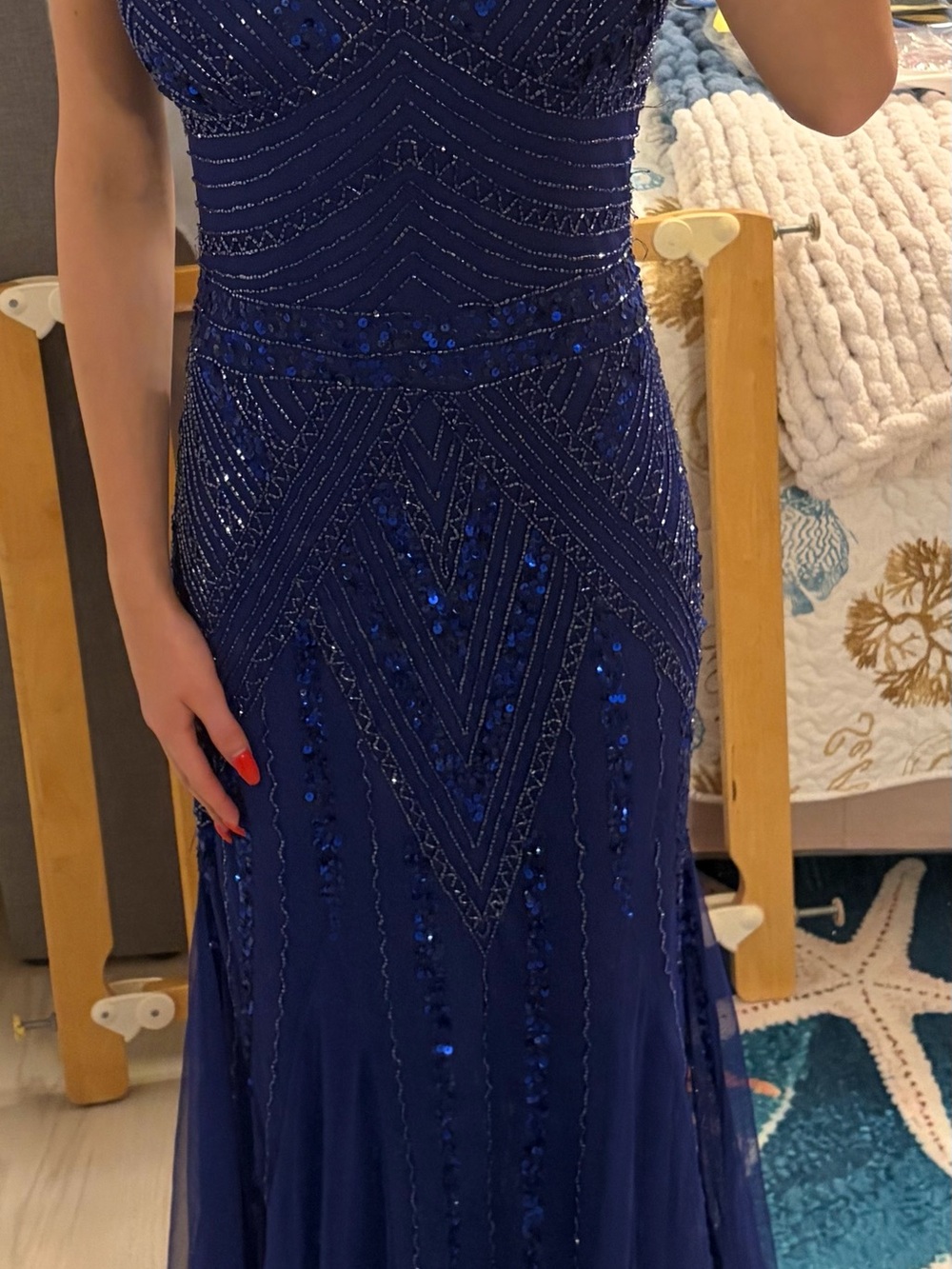 Jump Royal Blue Beaded Prom Gown V-neck